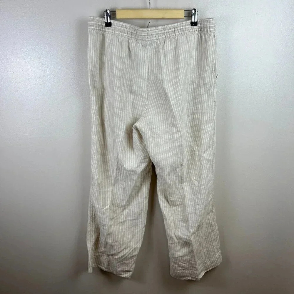 L.L. Bean Pull On Linen Pants Size 16 Petite Beige Stripes Minimal Lagenlook - Picture 2 of 10